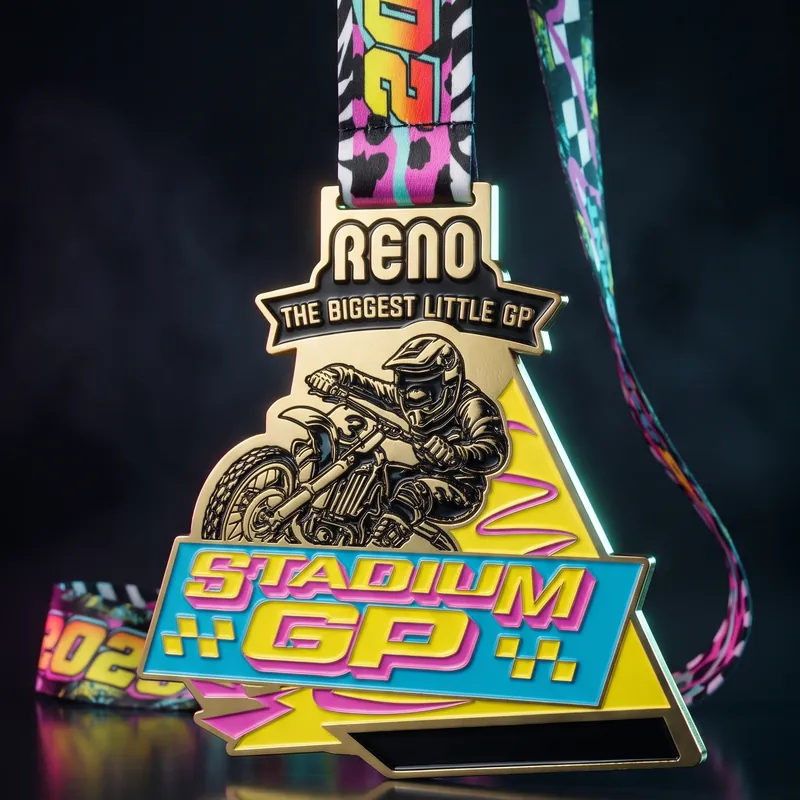 Custom motocross finisher medals with printed neck ribbons