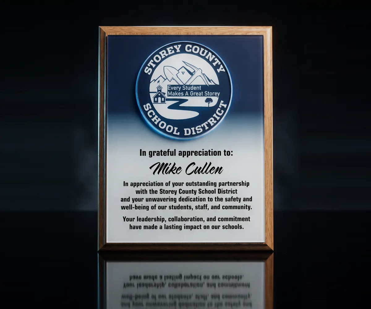 Storey County School District appreciation plaque on a wood frame with an acrylic front